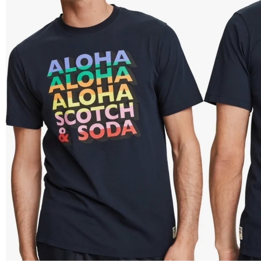 Scotch & Soda Navy Tee with Vibrant Aloha Print sz Med